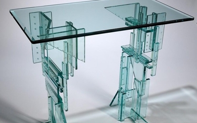 Fay Miller Art Glass Skyscraper Table, United States, late 20th/early 21st century, rectangular top supported by angular planes of geom