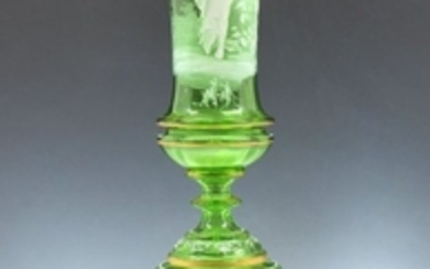 GREEN MARY GREGORY 2 PART VASE AND STAND