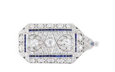 Platinum, Synthetic Sapphire and Diamond Pendant-Brooch