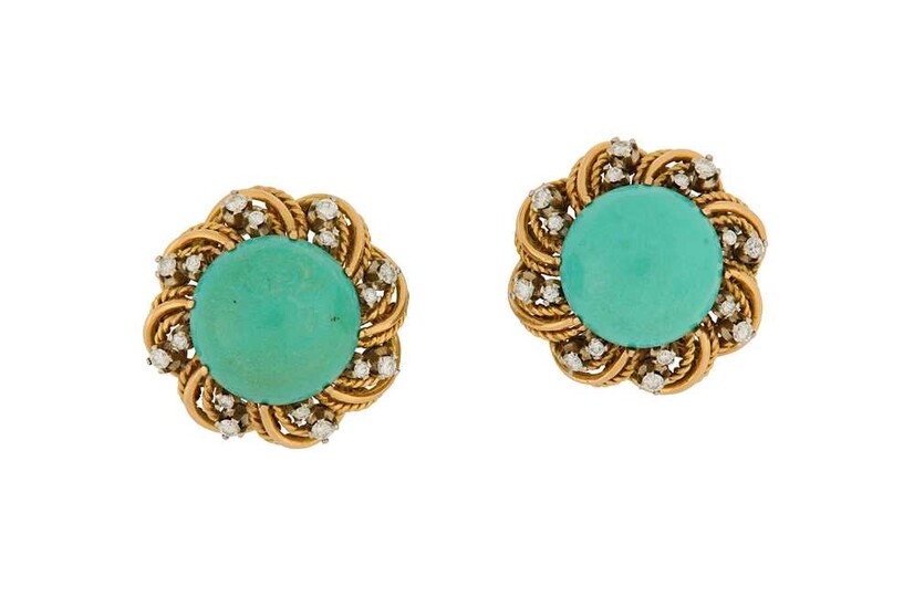 A pair of turquoise and diamond earclips Each central...