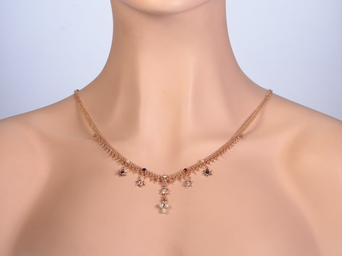 14 kt. Pink gold - Necklace, Antique Bismarck chain with stars -Diamond - Pearls, Rubys, Sapphires, TDW 0.70ct.!