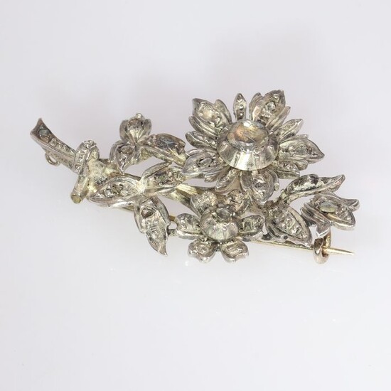 14 kt. Silver, Yellow gold - Brooch, Branch, Dutch Antique Victorian, Anno 1910 - Diamond - Natural (untreated)