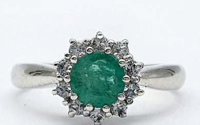 14 kt. White gold - Ring - 0.60 ct Emerald - Aquamarines