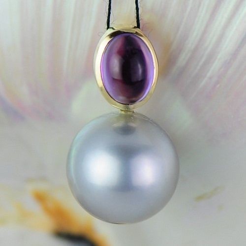 14 kt. Yellow gold - Tahitian pearl 10.8 mm - pendant with amethyst
