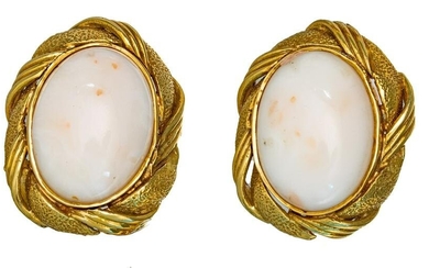14K Yellow Gold and Coral Clip Style Earrings C. 1950