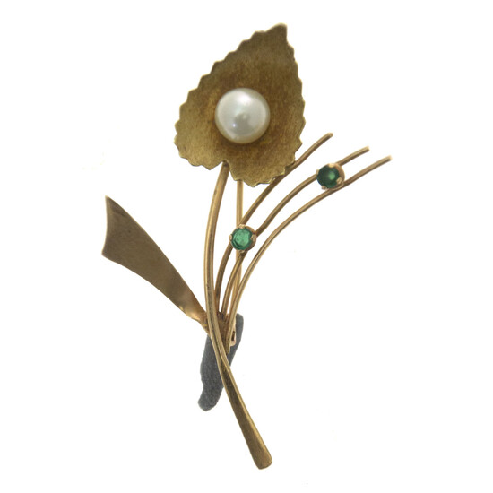 14k Rose Gold, Emerald and Pearl Flower Brooch.