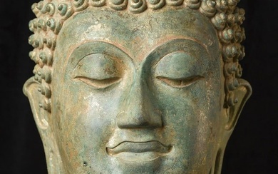 15thC Sukhothai Walking Buddha Head-Museum quality. Near Monumental in Size!