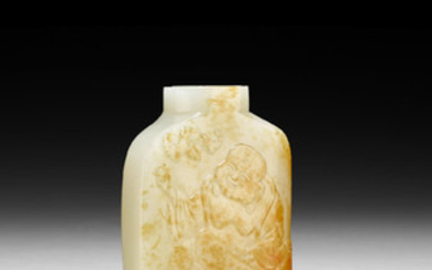 A CELADON AND RUSSET JADE 'BUDAI' SNUFF BOTTLE