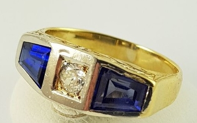 18 kt. Bicolour, White gold, Yellow gold - Sapphire Ring - 750 Bicolor Gold - 2 Sapphires + 1 Brilliant - 1.60 ct Sapphire - Diamond