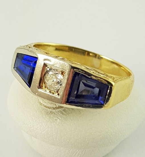 18 kt. Bicolour, White gold, Yellow gold - Sapphire Ring - 750 Bicolor Gold - 2 Sapphires + 1 Brilliant - 1.60 ct Sapphire - Diamond