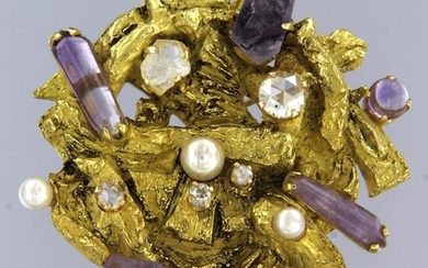 18 kt. Freshwater pearl, Yellow gold - Brooch - 0.50 ct Diamond - Amethyst