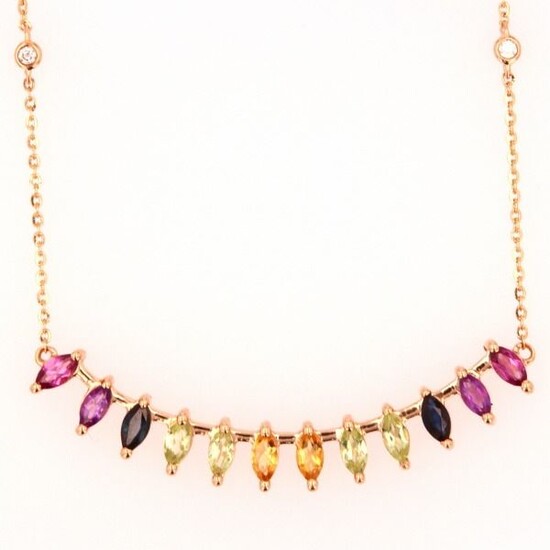 18 kt. Pink gold - Necklace - 1.16 ct Peridot, Rodolite, Citrine, Amethyst, Blue Sapphire - Diamond