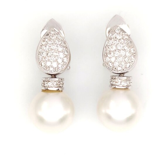 18 kt. White gold - Earrings - 1.05 ct Diamonds - South Sea pearls 12.60 mm