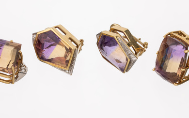 18 kt gold ametrine-brilliant-jewelry set , YG 750/000, comprised of:...