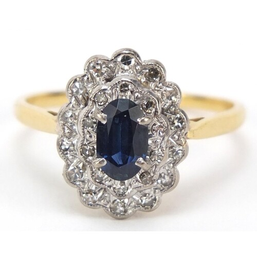 18ct gold sapphire and diamond three tier cluster ring, size...