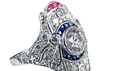 18kt White Gold Diamond Rubies and Sapphires Ring