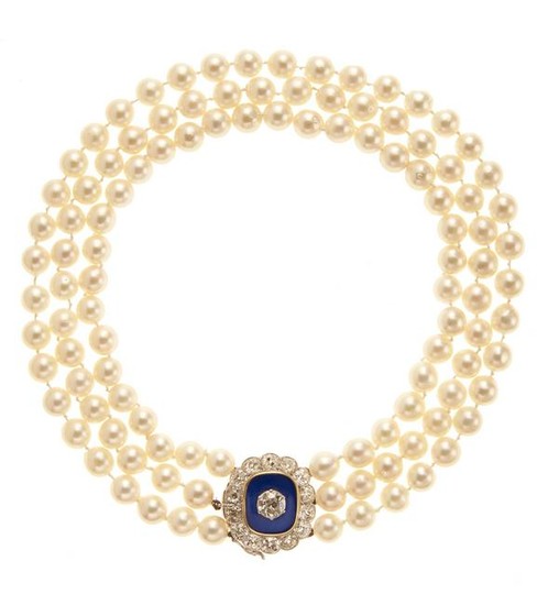 18kt yellow gold, cultured pearls and diamond necklace