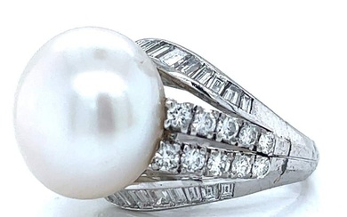 1960s 14K White Gold South Sea Pearl & Diamond Ring