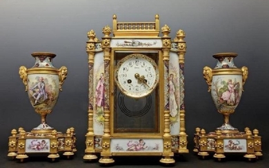 19TH C. FRENCH SEVRES AND CHAMPLEVE ENAMEL CLOCK SET