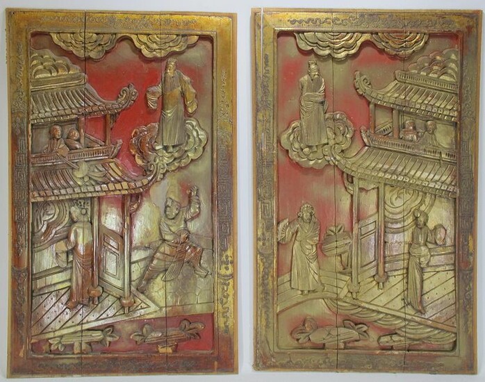 2 Antique Chinese gilt carved wood panels