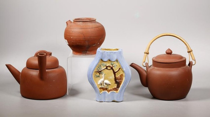2 Chinese Yixing Teapots, Enameled Vase, Pitcher