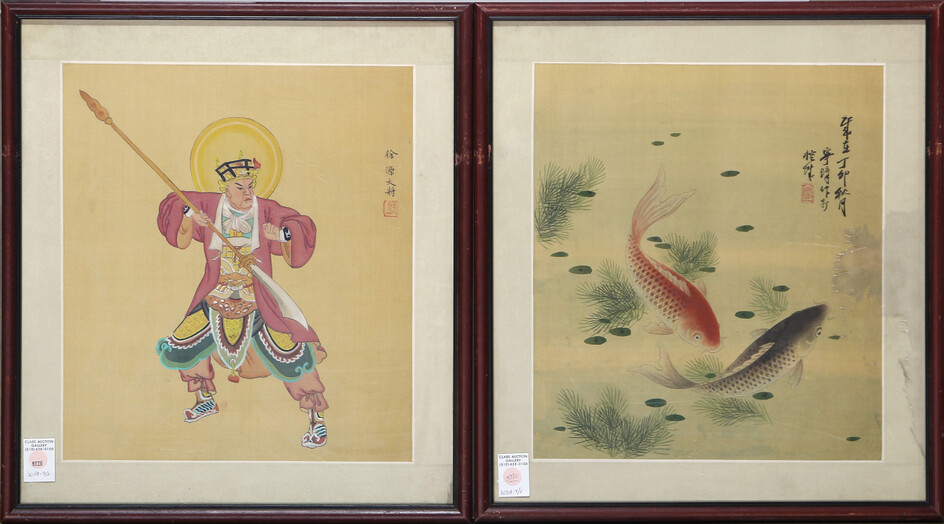 (2) Chinese paintings: 1st goldfish by Ning Zhanga; the 2nd of sacred warrior