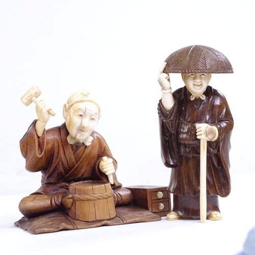 2 Japanese carved wood and ivory figures, Meiji Period, tall...