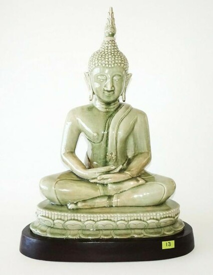 20C Thai Celadon Glazed Pottery Seated Buddha Wood Base
