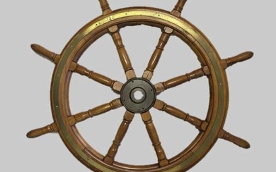 20th C. Brass Bound Wooden Ship's Wheel