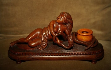 Erotic sculpture inkwell of brothels naked woman in wood signed L Jauze - dated 1805 (1) - Wood - 19th century