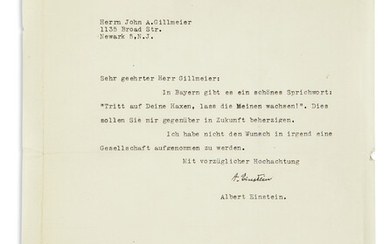 (SCIENTISTS) EINSTEIN ALBERT Archive of 5 Typed Letters Sign