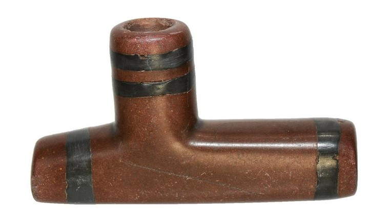 4 1/8" Catlinite Pipe with Pewter Inlay. Late 1800's