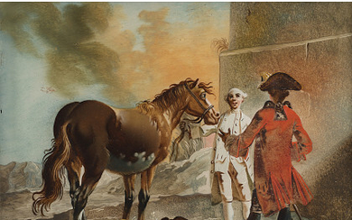 18th-century master " Knight, horse and groom" verre-peint (cm 19,5x26) Framed