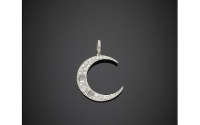 White gold round rose cut and baguette diamond crescent pendant,...