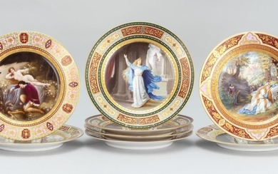 EIGHT AMBROSIUS LAMM PORCELAIN CABINET PLATES HAND-PAINTED WITH WAGNER OPERA THEMES Depict scenes from Tannhauser, Parsifal and Die...