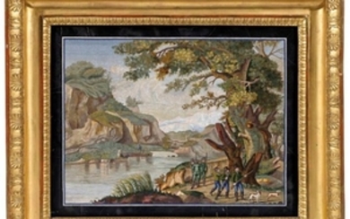 AN ITALIAN MICROMOSAIC PICTURE OF A SHOOTING PARTY IN A RIVER LANDSCAPE, BY GIOVANNI BATTISTA LUCHINI, NAPLES, DATED 1820
