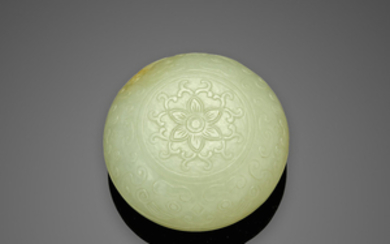 A pale green and russet jade seal paste box and cover