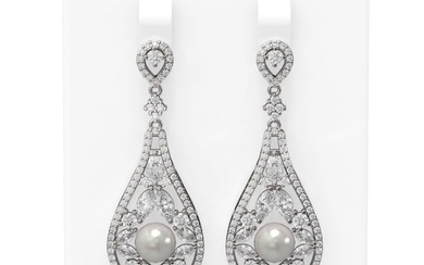 5.93 ctw Diamond & Pearl Earrings 18K White Gold