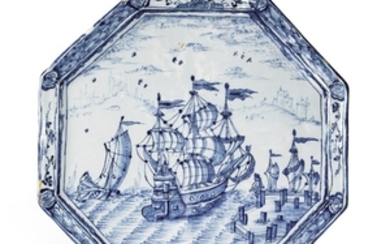 A Dutch Delft blue and white octagonal maritime plaque, mid-18th century