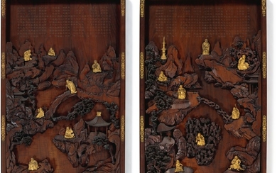 AN EXTREMELY RARE AND MAGNIFICENT PAIR OF GILT-BRONZE INSET HONGMU 'LUOHAN' PANELS QING DYNASTY, QIANLONG PERIOD