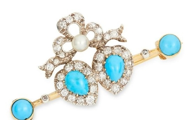 ANTIQUE TURQUOISE, DIAMOND AND PEARL SWEETHEART BROCCH