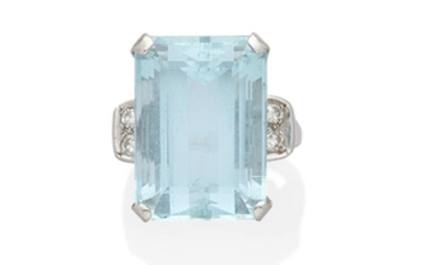 An aquamarine, diamond and platinum ring