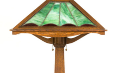 Arts & Crafts Quarter Sawn Oak & Leaded Glass Table Lamp