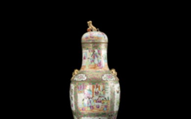 A Cantonese Famille Rose porcelain vase decorated with figures and floral motifs, with lid (defects) China, 19th century (h. 66...
