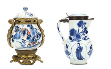 A CHINESE BLUE AND WHITE 'LADIES' JUG TOGETHER...