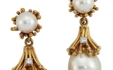 A pair of diamond and cultured pearl...