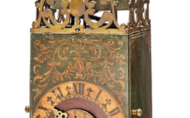 A Dutch painted iron and brass striking chamber clock with alarm