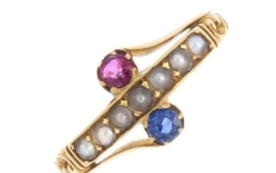 An early 20th century 18ct gold gem-set ring. The split