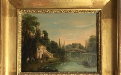 Ecole du XIXe siècle Paysage au pont, château…