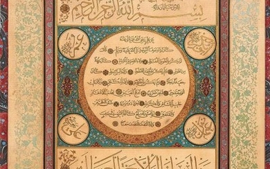 A Fine Ottoman Hilya, signed Haj' Ahmad, in Arabic, illuminated manuscript on paper [Ottoman Turkey, dated 1353 AH (1934 AD)]